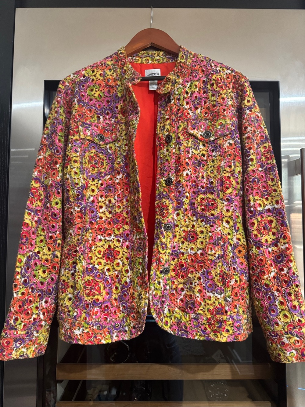 Chico’s Embroidered Multicolor Jacket Boho Art to Wear Cotton Size 3 - Picture 2 of 6